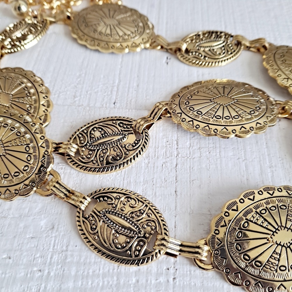 Gold Chain Western Waist Concho Belt Chunky Metal Medallion Boho statement - Picture 10 of 17